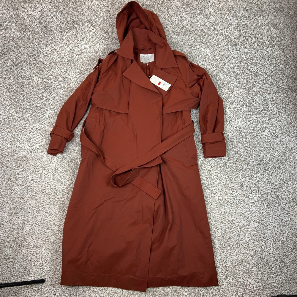 CALIA Coat Womens Medium Red Orange Hooded Belted Water Repellent Trench Jacket